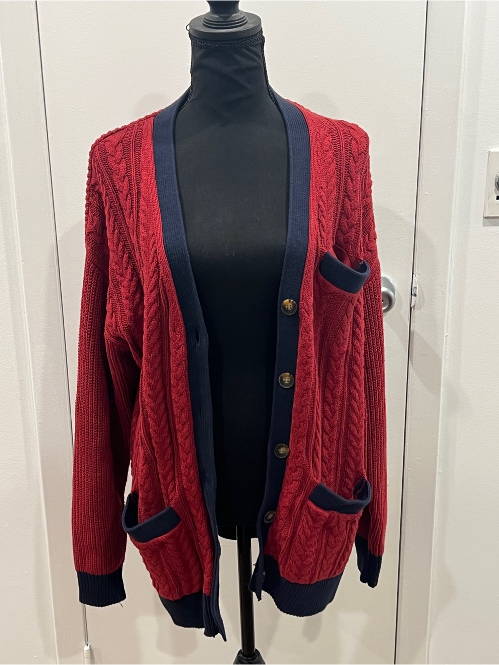 Treasure & Bond Red Cable Knit Cardigan with Navy Trim